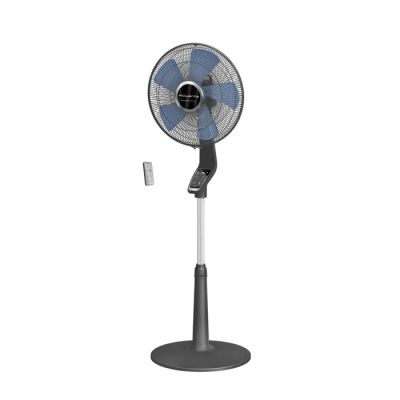 un ventilateur noir et blanc posé sur un support métallique