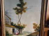 an oil painting of a woman sitting on a bench in front of a house