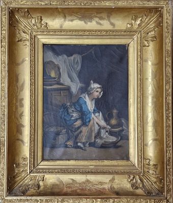 tableau représentant une femme en robe bleue tenant un panier de fruits