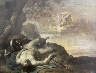 un tableau représentant un homme allongé par terre à côté d'un cheval
