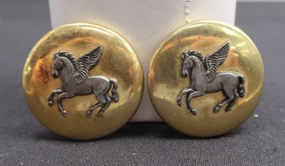 pair of gold and silver horse earrings with wings on them