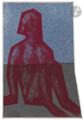 a red and blue painting of a man sitting on the ground