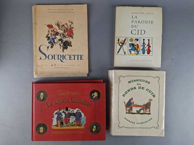 four children ' s books are lined up on a table
