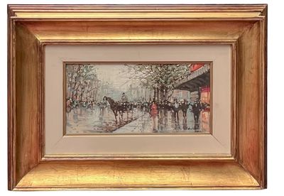 tableau encadré représentant une calèche tirée par des chevaux dans une rue de la ville