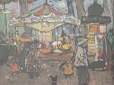 un tableau représentant des personnes et un chien dans la rue
