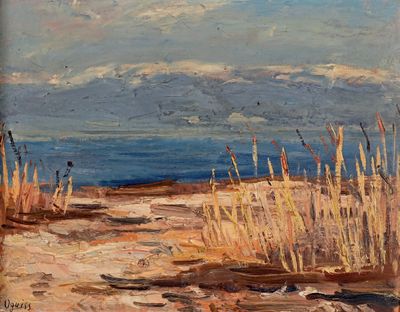 une peinture à l'huile représentant une scène de plage avec un bateau dans l'eau