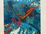 une image représentant un tableau avec un tourbillon bleu et rouge sur fond blanc