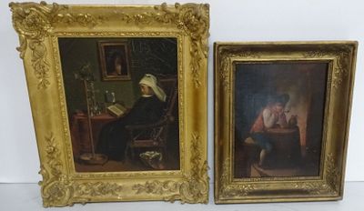 two framed paintings of a woman reading a book and a man reading a book