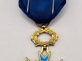 a close up of a medal on a white surface with a blue ribbon