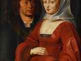 a painting of a woman in a red dress and a man in a black suit
