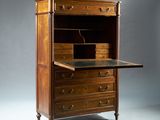an antique wooden desk with drawers and drawers on top of it