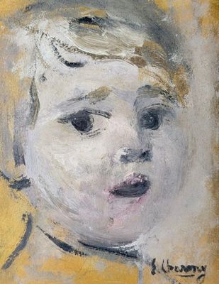 an image of a painting of a child ' s face on a yellow background