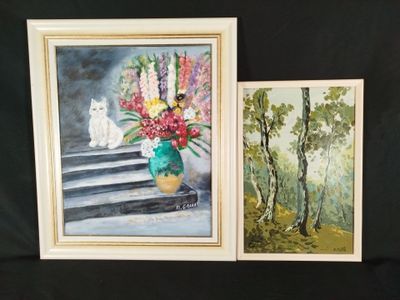 tableau représentant un chat et un vase de fleurs sur fond noir