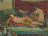 une peinture à l'huile représentant deux nus allongés sur un canapé dans un salon