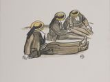 three people sitting on a bench with hats on