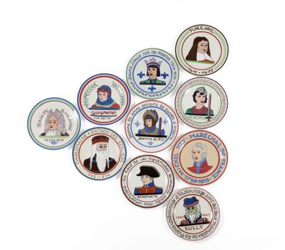 a lot of plates with different pictures of people on them