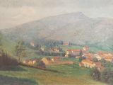 tableau représentant un village dans une vallée, avec une montagne en arrière-plan