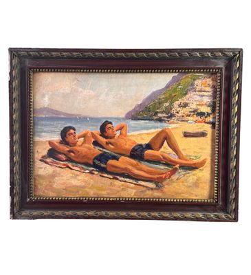 tableau représentant deux hommes allongés sur une serviette à la plage