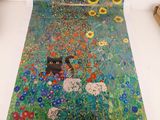 a painting of a dog sitting in a field of flowers