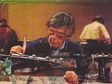 un tableau représentant un homme assis à une table, en train de travailler sur une œuvre d'art