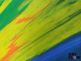abstract painting of yellow, green, and blue colors on a white wall