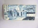 painting of a street scene with buildings and a church in the background