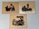 three framed pictures of people sitting at a table in a room