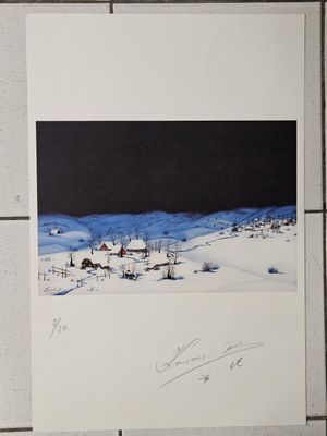 tableau représentant un paysage enneigé avec une maison au centre
