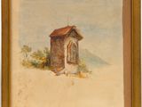 an image of a painting of a small building in the snow