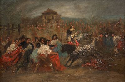 tableau représentant un groupe de personnes chevauchant devant une foule
