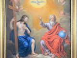 a painting of jesus and mary on the cross with angels