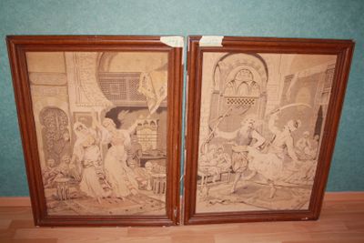 two framed pictures of a couple of people in a room
