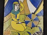 tableau représentant une femme assise sur une roue, avec un ciel bleu en arrière-plan