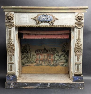 an old fashioned fireplace with a painting of a house on the mantle