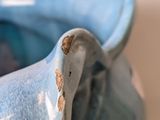 a close up of a blue vase with a bird on it