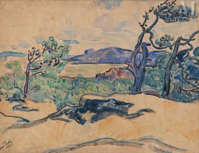 an image of a painting of a landscape with trees and a mountain in the background