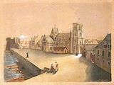 a picture of a painting of a town with people on it