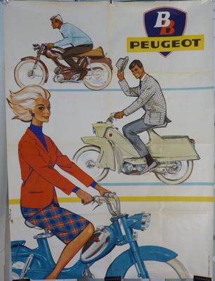 une affiche représentant un homme et une femme sur un scooter