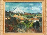 une peinture à l'huile représentant un paysage de montagne avec une maison au premier plan