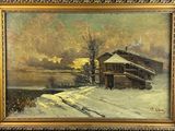 an oil painting of a cabin in the snow with a lake in the background