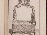 an old book with a drawing of a bed in it