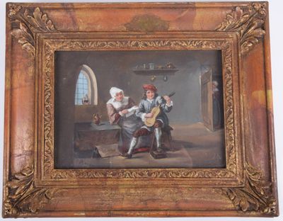 un vieux tableau représentant deux personnes jouant d'un instrument dans une pièce