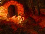 a painting of a cave with a dog and sheep in it