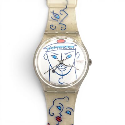 an image of a wrist watch with a drawing of a face on it