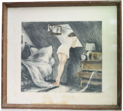 painting of a woman in a white dress standing in a room with a clock