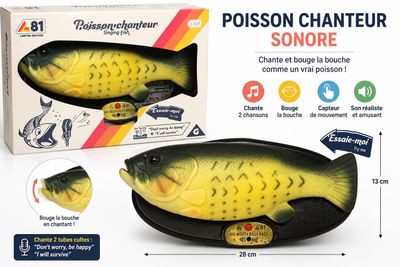 une image représentant un poisson en jouet, sur laquelle figurent une boîte et un mode d'emploi