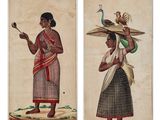 plusieurs photos de personnes portant des chapeaux et des robes, dans différentes poses