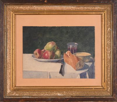 tableau représentant une assiette de fruits et de pain posée sur une table, accompagnée d'un verre de vin