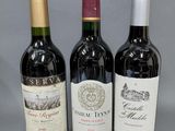 trois bouteilles de vin sont alignées sur une surface grise