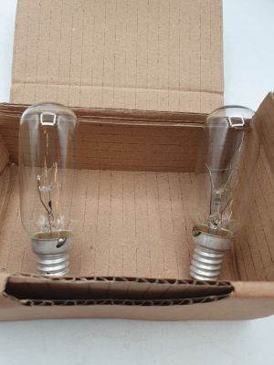 two light bulbs in a cardboard box on a table